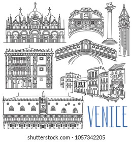 Venedig berühmte Wahrzeichen - Brige of Sighs, Rialto, Doges Palace, San Marco Basilica, Löwe von Venedig, Goldenes Haus. Freie Vektorgrafiken einzeln auf weißem Hintergrund.