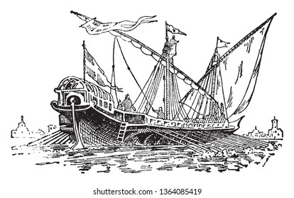 Venetian Galley was the navy of the Venetian Republic and used both as an escort and a transport, vintage line drawing or engraving illustration.