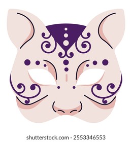 Venetian Gnaga mask for Mardi Gras holiday. Carnival facial disguise accessory for masquerade. Ornamented theater masque of cat for hiding face. Flat isolated vector illustration on white background