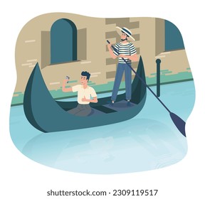 Venetian gondola concept. Men sailing in boat on river. Characters vacationing in Italy. Tourists in Venice. Leisure and holiday, travel and trip on water. Cartoon flat vector illustration