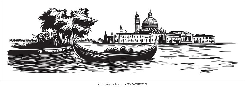 venetian gondola with historic cityscape hand-drawn black ink illustration