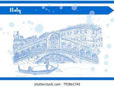 Venetian gondola sails on the canal in the middle of the palaces blue sketch