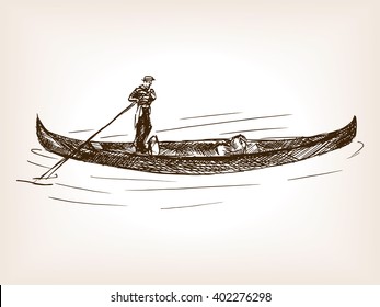 Venetian gondola vehicle sketch style vector illustration. Old engraving imitation. Vintage gondola hand drawn sketch imitation