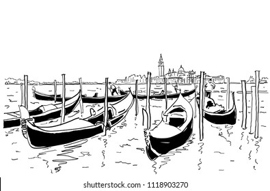 venetian gondola and venice gulf, hand drawn sketch vector illustration