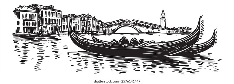 venetian gondolas on canal with bridge and historic buildings in black and white