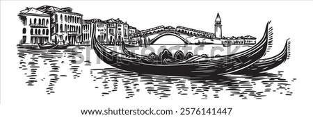 venetian gondolas on canal with bridge and historic buildings in black and white