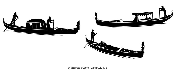 Venetian Gondolas Silhouettes. Black and white vector cliparts isolated on white.