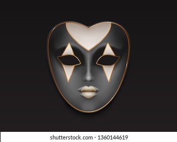 Venetian or Mardi Gras carnival, holiday masquerade, costumed party full face womens, anatomical, grey color mask with rhombic ornament 3d realistic vector illustration isolated on black background