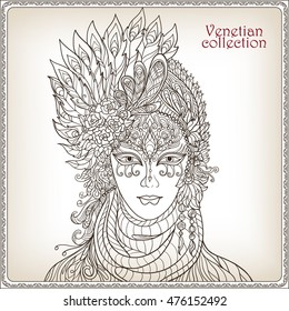 Venetian mask, carnival costume  Outline hand draw. Vector illustration.