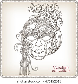 Venetian mask, carnival costume  Outline hand draw. Vector illustration.