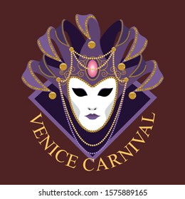 Venetian mask decorated with a gold pattern, beads, bells. Carnival mask with a collar and decorative patterns. Vector image on a dark background.