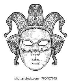 Venetian mask illustration, drawing, engraving, ink, line art, vector