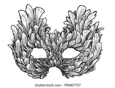 Venetian mask illustration, drawing, engraving, ink, line art, vector