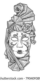 Venetian mask illustration, drawing, engraving, ink, line art, vector