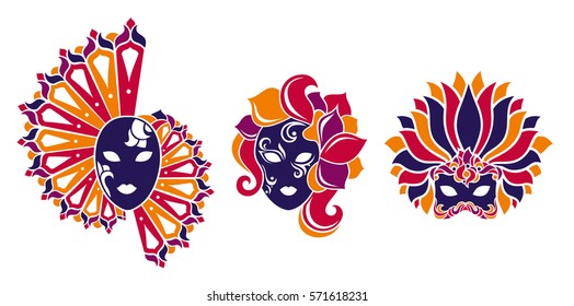 Conjunto de máscaras venecianas. Mardi gras, máscara de carnaval. Ilustración vectorial brillante.