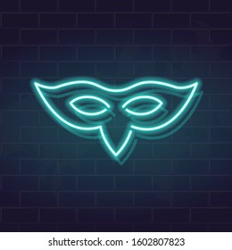 Venetian mask with sharp bird nose. Neon icon illustration for carnival logo, poster or advertisement. Square fluorescent image for social networks.