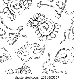 Venetian masks line vector seamless pattern in black and white with masquerade masks for Mardi Gras and Purim carnivals. Ink illustration for coloring