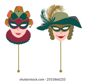 Mascarada veneciana máscaras femeninas en sombreros, Ilustración vectorial aislada en blanco