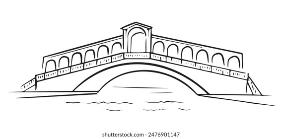 Venetian Realto bridge sketch doodle illustration. Venice attraction, Italy symbol for travel poster, tourist banner, souvenirs, t-shirt, map design. Ponte di Realto