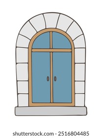 Venetian style door in blue, vintage hand drawn doodle, antique door with stonework isolated on white background.