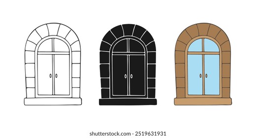 Venetian style doors set, vintage hand drawn doodle, antique door with stonework isolated on white background.