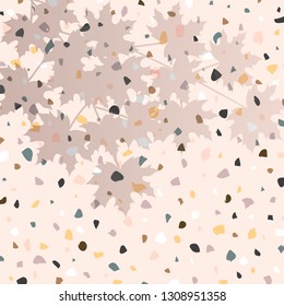 Venetian style terrazzo tile flooring plus a gray shadow layer of natural maple leaves tree branch. Vector background
