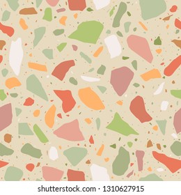 Venetian style terrazzo tile. Terrazzo flooring seamless pattern. Pastel colors. Marble mosaic made in colored polished pebble. Vector