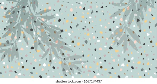 Venetian style terrazzo tile flooring plus a gray shadow layer of natural leaves tree branch. Vector background