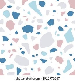 Venetian terrazzo seamless pattern. Endless abstract texture with scattered stone fragments of organic irregular shapes. Trendy design of floor tile. Flat vector illustration on white background
