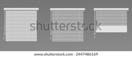 Venetian window curtain. Blind jalousie shutter isolated. White roller 3d mockup for home interior. Closed and open office plastic louver design set. Detail frame for sunshade with strings collection.