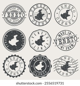 Veneto, Italy Set of Stamps. Country Travel Marks. Made In Product. Design Seals Old Style Insignia.