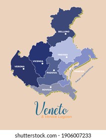 Veneto and Venice lagoon vector map divided into provinces with major cities	