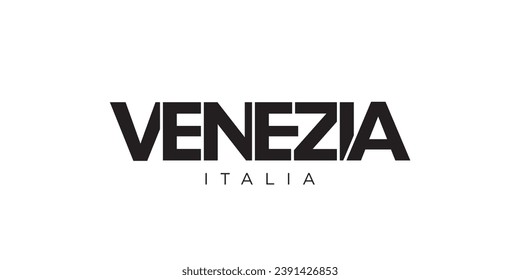 Venezia in the Italia emblem for print and web. Design features geometric style, vector illustration with bold typography in modern font. Graphic slogan lettering isolated on white background.