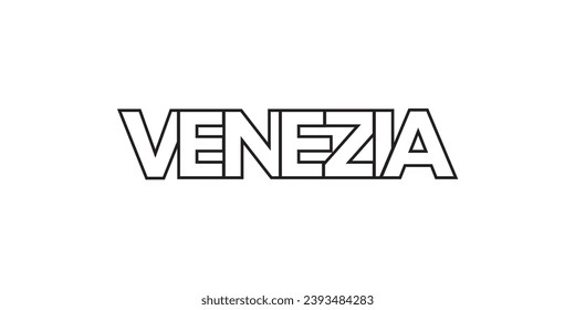 Venezia in the Italia emblem for print and web. Design features geometric style, vector illustration with bold typography in modern font. Graphic slogan lettering isolated on white background.