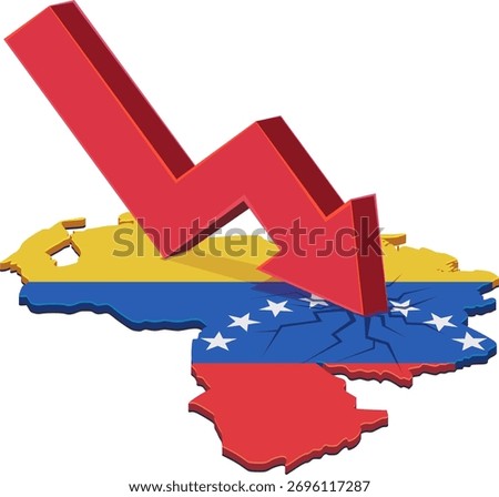 Venezuela 3D map (flag colors) cracked by a large red arrow crashing down. Concept of economic recession or crisis. (cut out)