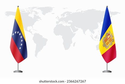 Venezuela and Andorra flags for official meeting against background of world map.