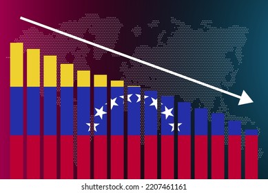 Venezuela bar chart graph, decreasing values, crisis and downgrade concept, Venezuela flag on bar graph, down arrow on data, news banner idea, fail and decrease, financial statistic