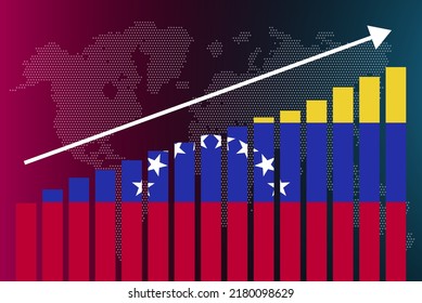 Bardiagramm Venezuela, steigende Werte, Konzept der Länderstatistik, venezolanische Länderflagge auf Bargraphie, aufsteigender Pfeil auf Daten, Nachrichtenbanner-Idee
