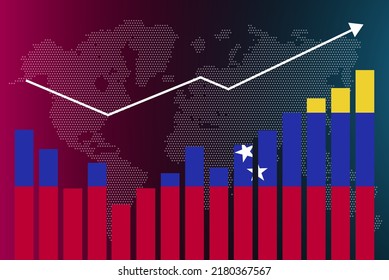 Gráfico de barras de Venezuela con altibajos, valores crecientes, bandera de Venezuela en el gráfico de barras, flecha ascendente en los datos, idea de pancarta de noticias, concepto de país en desarrollo