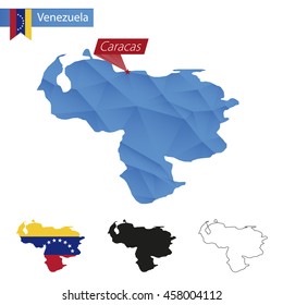 Venezuela blue Low Poly map with capital Caracas, four versions of map. Vector Illustration.