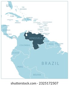 Venezuela - blue map with neighboring countries and names. Vector illustration