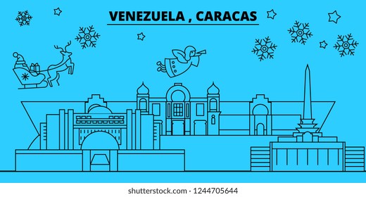 Venezuela, Caracas Winter Holidays Skyline. Merry Christmas, Happy New Year Decorated Banner With Santa Claus.Venezuela, Caracas Linear Christmas City Vector Flat Illustration