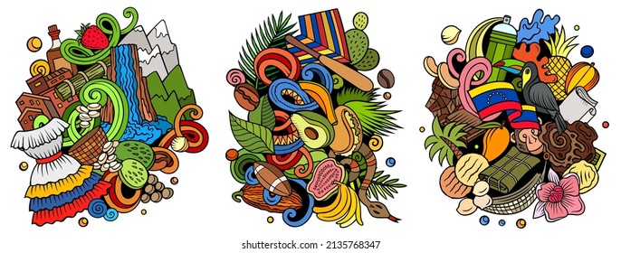 Venezuela cartoon vector doodle designs set. Colorful detailed compositions with lot of traditional symbols. Isolated on white illustrations