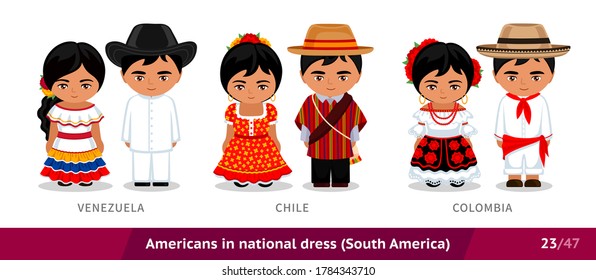 Venezuela, Chile, Colombia. Men and women in national dress. Set of latin americans wearing ethnic clothing. Cartoon characters in traditional costume. South America. Vector flat illustration.