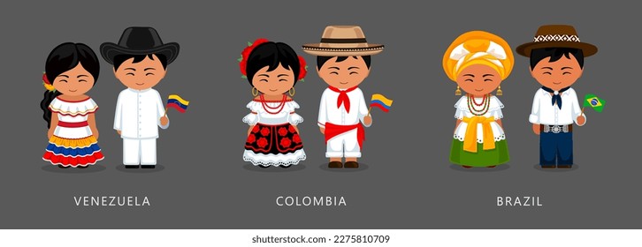 Venezuela, Colombia, Brazil ethnic costume. Woman wearing traditional dress, man with national flag. Latin American couple. Vector flat illustration.