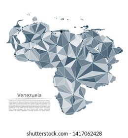 Venezuela communication network map. Vector low poly image of a global map with lights in the form of cities in or population density consisting of points and shapes and space. Easy to edit