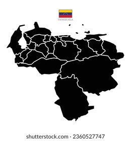 Venezuela contour vector map with state, black-white, flag in color. Background map eps 10