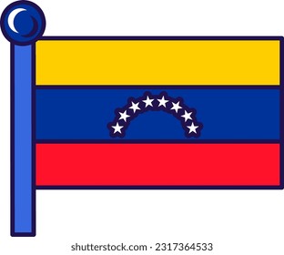 Bandera nacional de Venezuela en vector de asta. Tricolor horizontal de amarillo, azul y bovino con arco de estrellas sobre la república boliviana símbolo patriótico de la independencia ilustración de caricatura plana