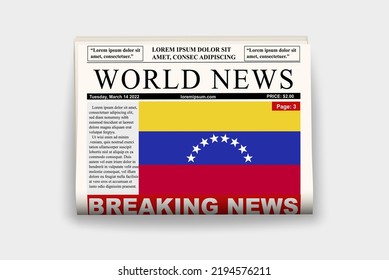 Venezuela country newspaper with flag, breaking news on newsletter, Venezuela news concept, gazette page with headline, journal with country flag, reading newspaper, streamer headline