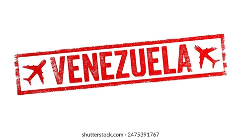 Venezuela is a country on the northern coast of South America with diverse natural attractions, text emblem stamp with airplane